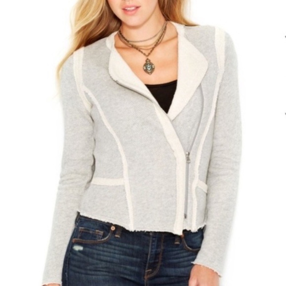 Lucky Brand California Womens Knit Moto Jacket Light Gray Full Zip Size M